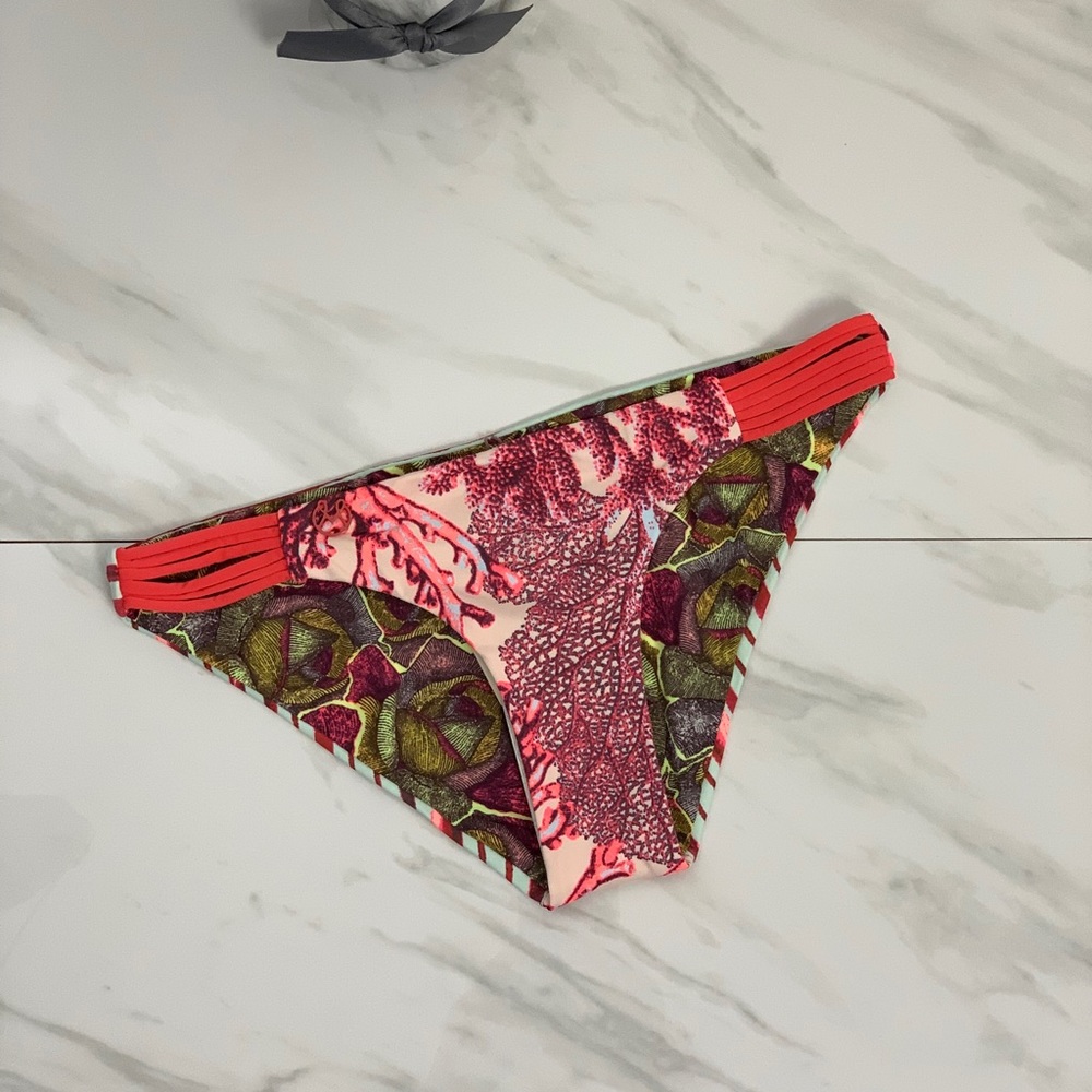 Maaji Red Floral Striped Print Strappy Reversible Bikini Bottoms Sz S